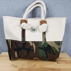 L.L.Bean Signature Canvas Tote Bag Large Camo Nautical Rope Handles Made USA